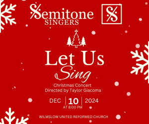 White text on red background giving the details of the Semitone Singers Christmas concert